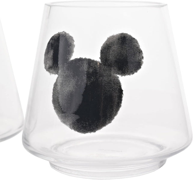 Clear glass with black Mickey Mouse ears design on a white background