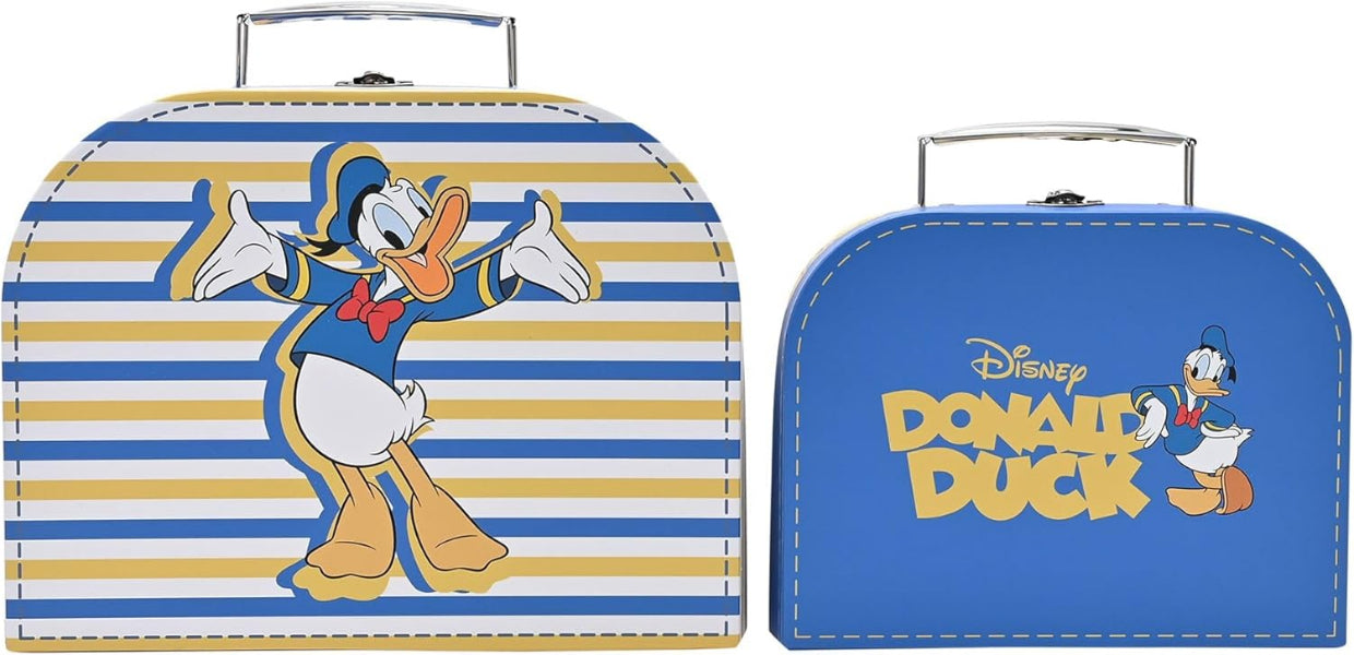 Two small suitcases with Donald Duck design on a blue and yellow striped background