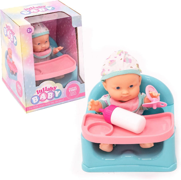 Toy baby doll in a high chair with a bottle, next to its packaging.