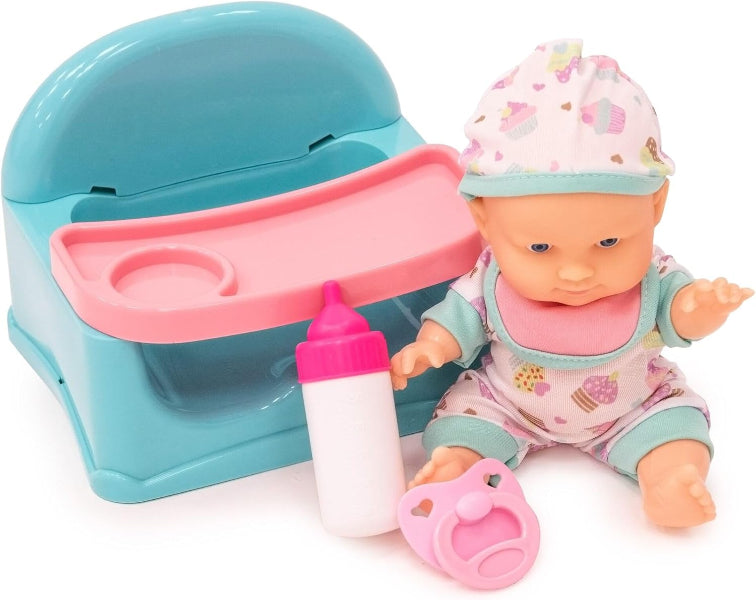 Toy baby doll with a changing table, bottle, and pacifier on a white background