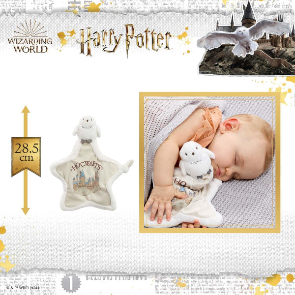 Baby sleeping with a Harry Potter-themed plush toy, surrounded by 'Harry Potter' branding and imagery.