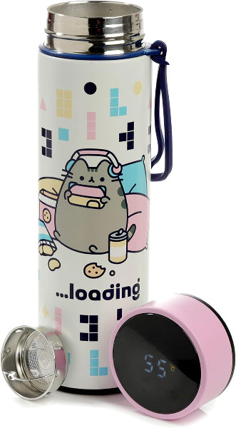 Tumbler with cartoon character design and digital temperature display on a white background