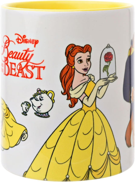 A white ceramic Disney Beauty and the Beast mug with a yellow interior rim, featuring illustrations of Belle in her yellow gown, the rose under a bell, and the Beast's hatbox.