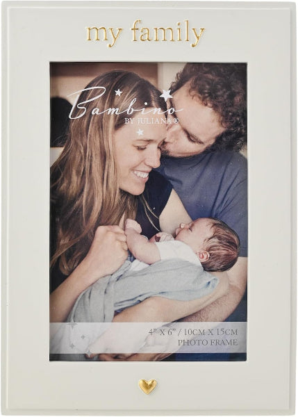 A rectangular white photo frame with gold lettering reading 'my family' at the top and a small gold heart at the bottom. The center shows a sample family photo with overlaid text including 'Bambino' and size information.