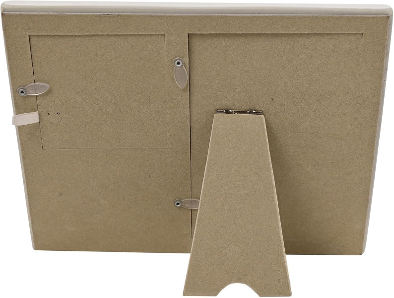 The back view of a light brown kraft-paper style picture frame with its integrated A-stand visible in front, set against a plain white background.