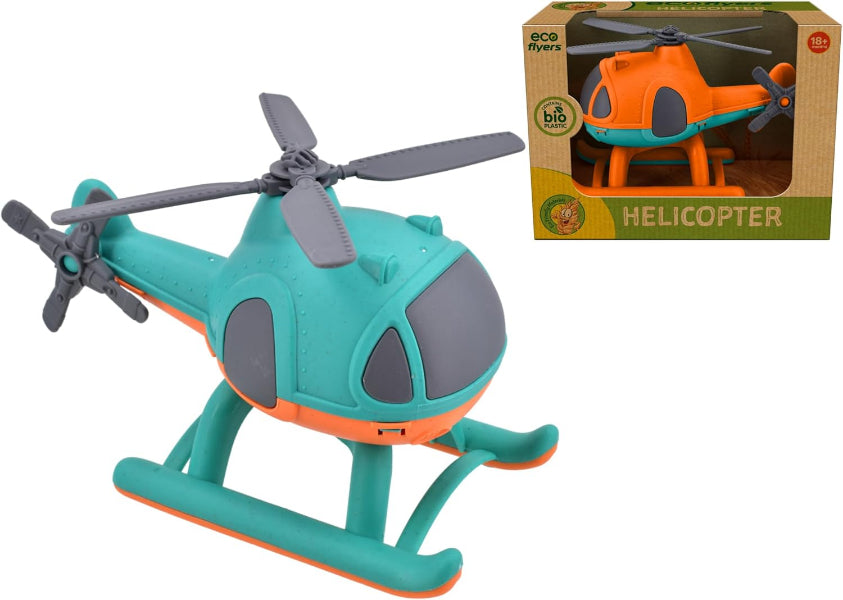 Toy helicopter with teal and orange colors next to its packaging on a white background