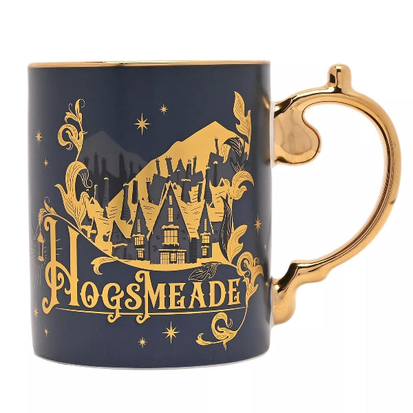 Mug with gold 'Hog's Mead' design on a dark blue background