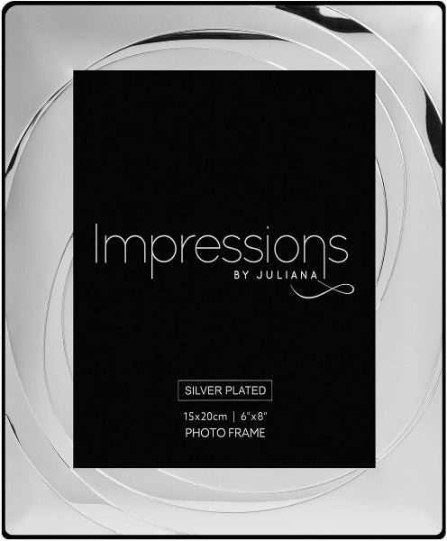 Silver photo frame with 'Impressions by Juliana' branding on a black background