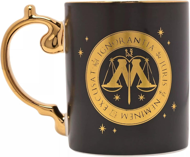 A glossy black ceramic mug with a gold metallic handle and a gold circular seal featuring the scales of justice and the Latin phrase 'EX CULPAT IGNORANTIA JURIS ET NEMINEM DEBETUR'.