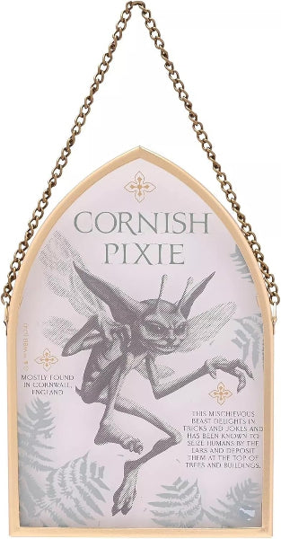 Decorative sign with a Cornish Pixie illustration and text on a white background