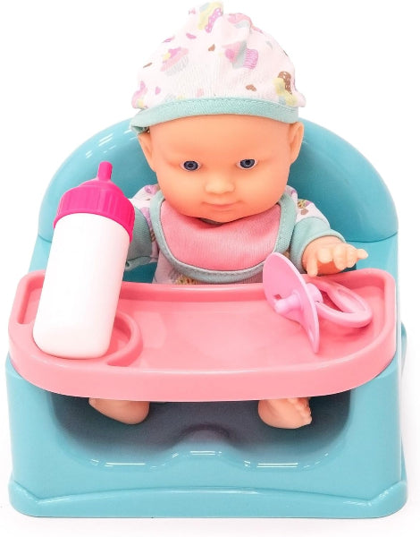 Toy baby in a high chair with accessories on a white background