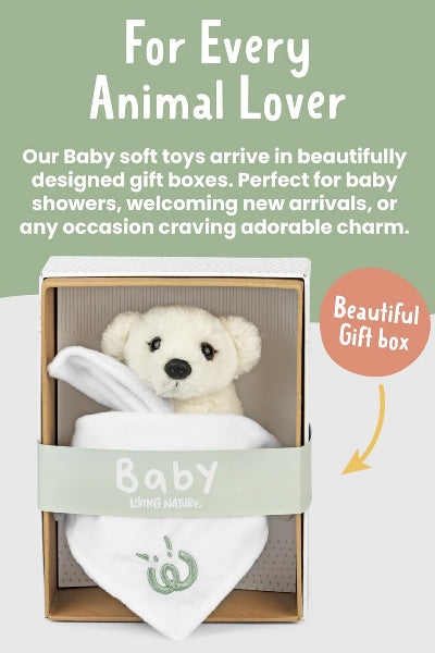 White baby soft toy in a gift box with text about animal lovers and baby soft toys.