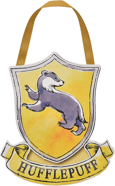 Hufflepuff house crest from Harry Potter with a badger on a yellow background