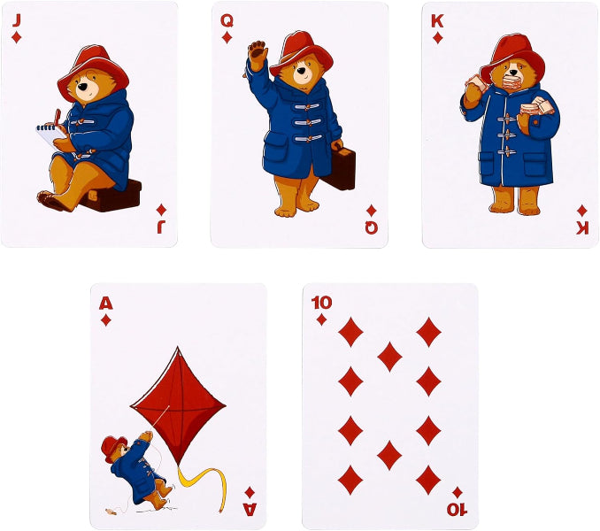 Playing cards featuring Paddington Bear in various poses on a white background