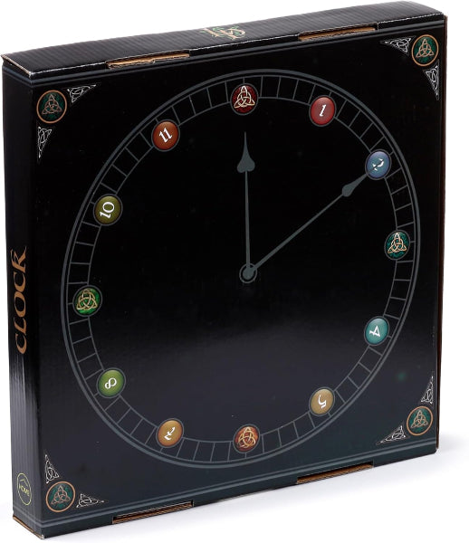 Black clock-shaped box with symbols around the rim on a white background