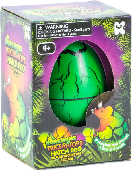 Green dinosaur hatch egg toy in colorful packaging with warning label