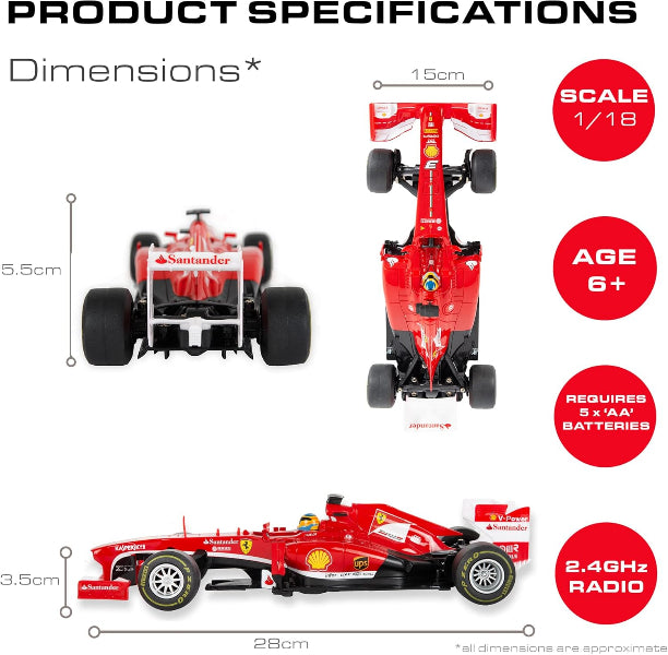 Product specifications for a red toy Formula 1 car including dimensions, scale, age recommendation, battery requirements, and radio frequency.