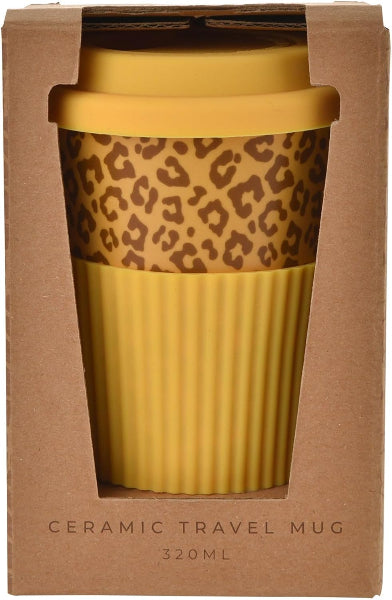 Yellow ceramic travel mug with leopard print pattern in a brown box packaging.