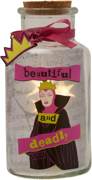 Decorative glass jar with a illustration of a character and text 'beautiful and deadly' on a white background.
