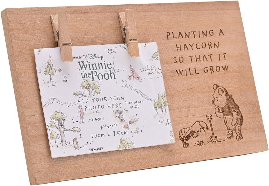 A rectangular wooden picture frame with a warm light brown finish, featuring an engraved Winnie the Pooh scene and the phrase 'PLANTING A HAYCORN SO THAT IT WILL GROW.' A sample photo print with clip instructions is clipped onto the frame using two wooden clothespins, shown against a plain white background.