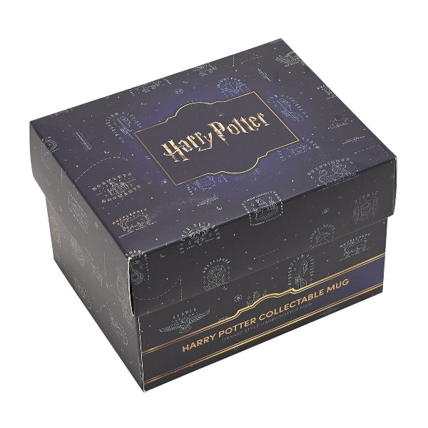 Harry Potter collectible mug box with intricate designs and gold text on a white background