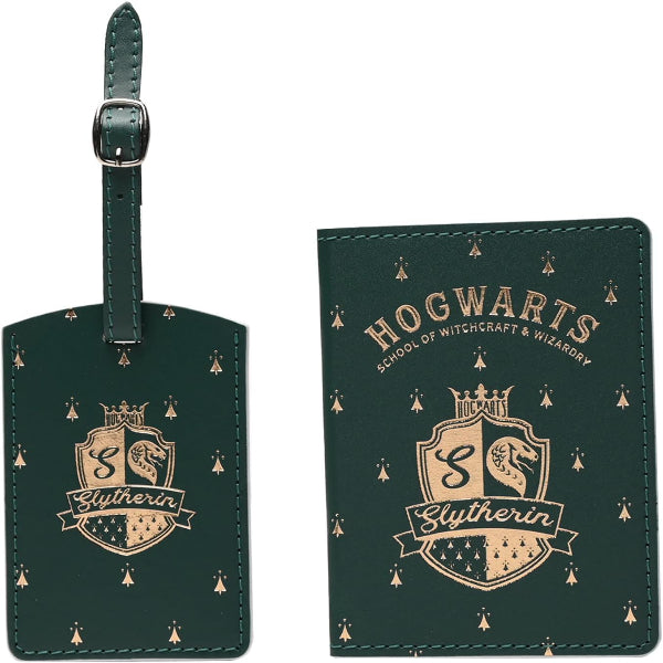 Green Slytherin luggage tag and passport cover with gold text and logo on a white background