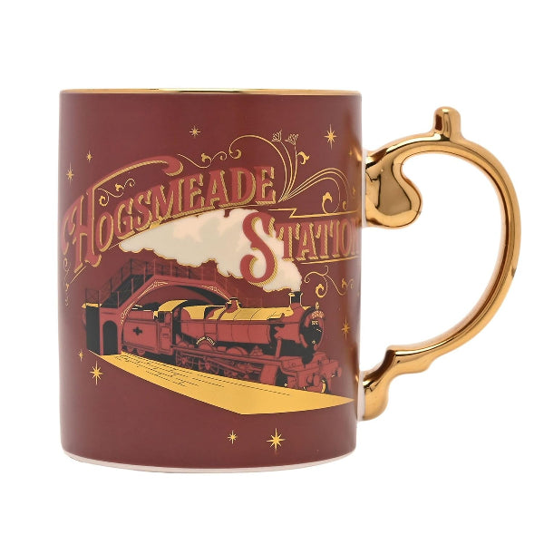 Mug with 'Hogwarts' station design featuring a steam train on a red background.