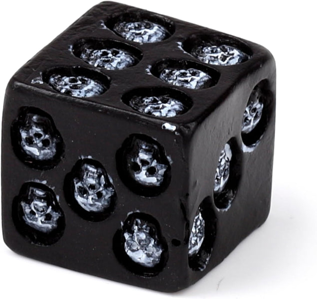 Black dice with embedded clear gemstones on a white background