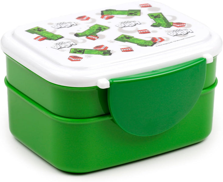 Green bento box with white lid featuring cartoon characters on a white background