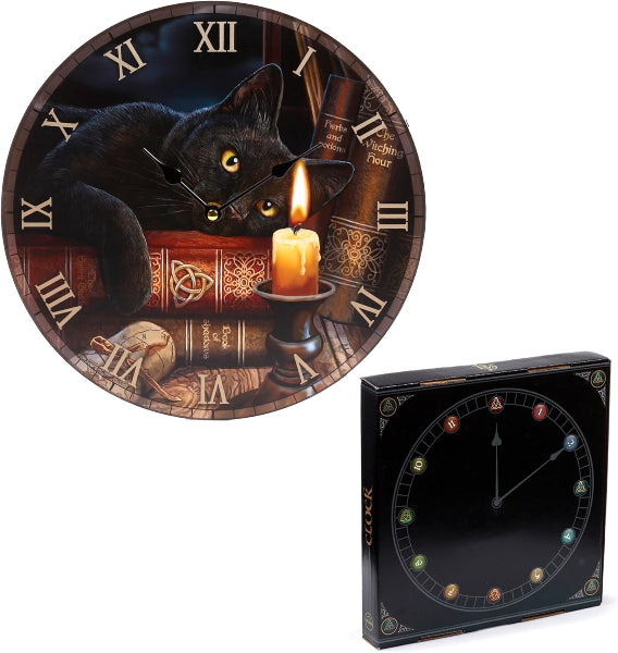 Decorative wall clock with a black cat and candle design, alongside its packaging.