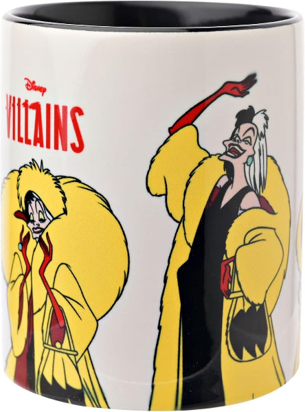 A white ceramic mug with a black interior, featuring Disney Villains character art. The design shows two villains in yellow fur coats, with the red 'Disney VILLAINS' logo printed on the side.