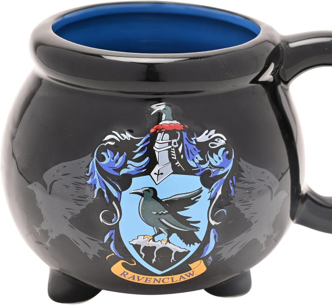 Black mug with Ravenclaw crest design on a white background