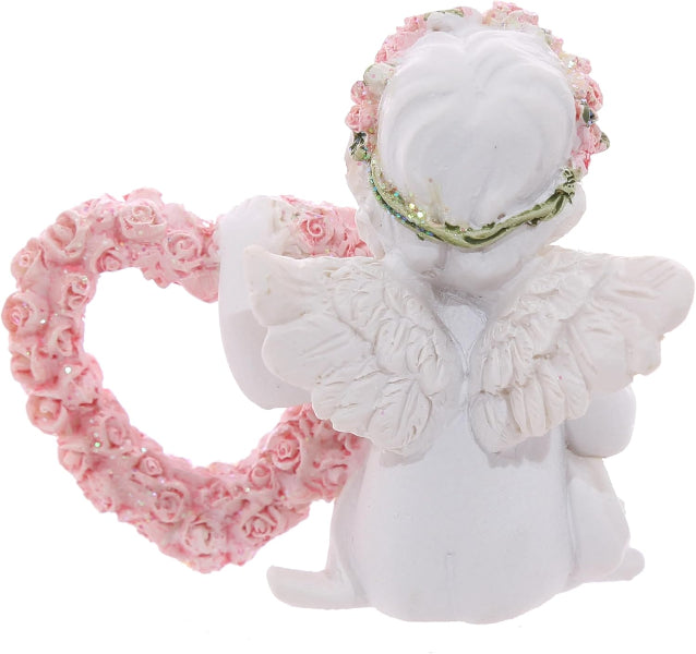 Decorative angel figurine with pink heart and floral crown on a white background