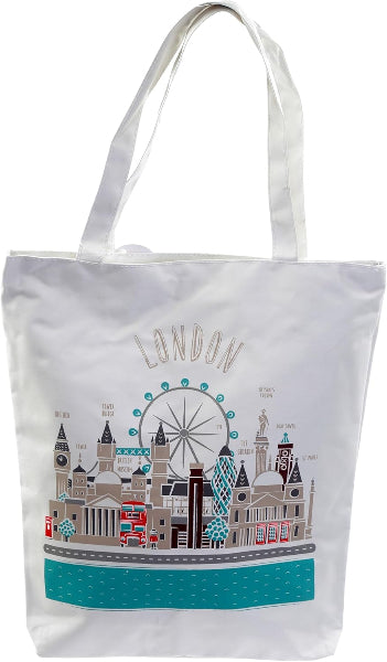 White tote bag with London-themed design featuring iconic buildings and a Ferris wheel.