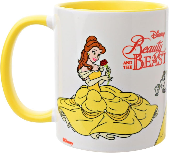A white ceramic Disney Beauty and the Beast mug with a yellow handle and yellow interior. The mug features an illustration of Belle in her iconic yellow gown holding a red rose, with the red 'Beauty and the Beast' title printed on the side.
