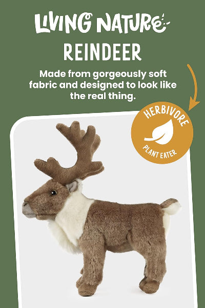 Plush reindeer toy on a white background with text about its material and herbivore nature.