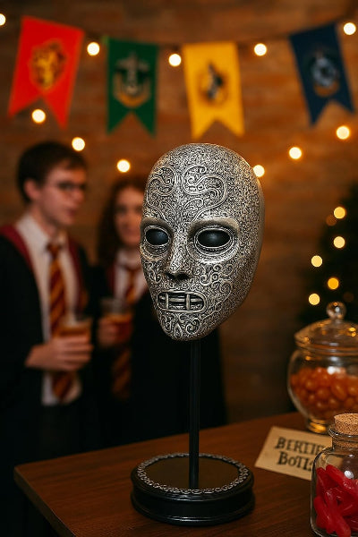 Decorative mask on a stand with blurred people and festive decorations in the background