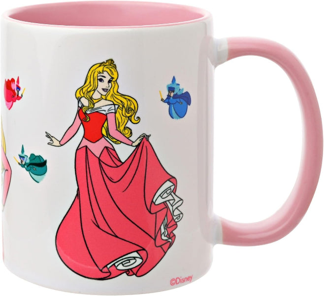 A white ceramic mug with a pink handle and interior, featuring a colorful illustration of Disney's Princess Aurora with her red gown and small fairies. A small Disney logo is printed near the bottom.