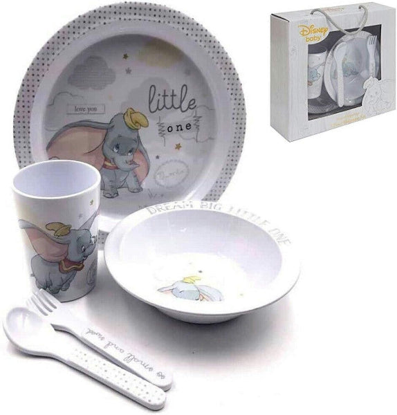 Children's dinnerware set with Dumbo design on a white background