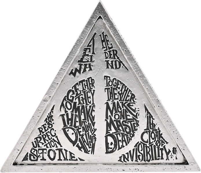 Triangular metal sign with engraved text on a white background