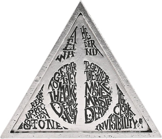Triangular metal sign with engraved text on a white background