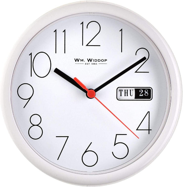 White wall clock with black numbers and red second hand, featuring the brand 'Wm. Widdop'.