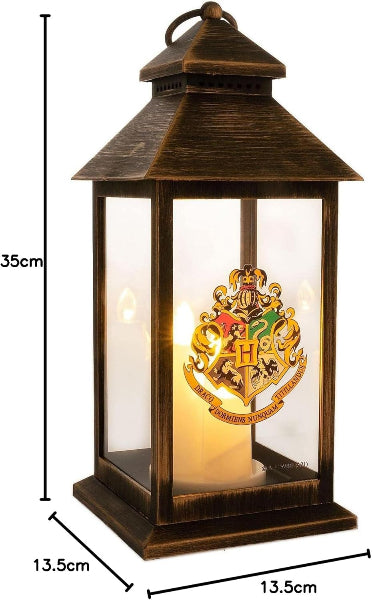 Decorative lantern with Hogwarts crest and dimensions displayed
