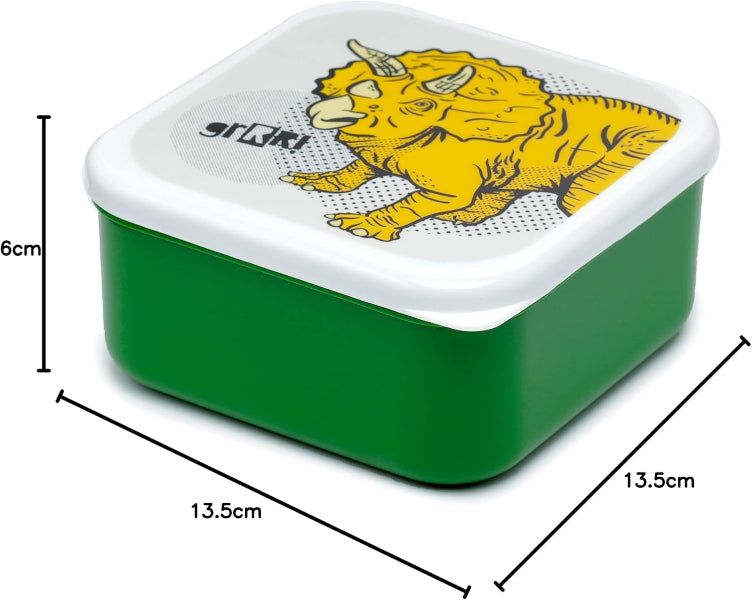 Green snack box with a dinosaur design on a white background