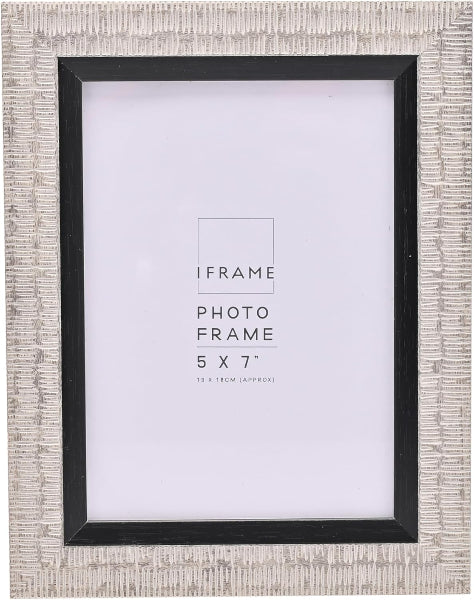 A 5x7 inch picture frame with a textured light beige woven pattern border and a black frame, shown empty with placeholder text in the center.