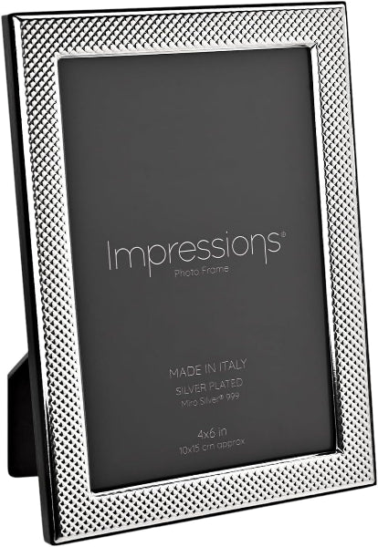 Silver-plated photo frame with 'Impressions' branding on a white background