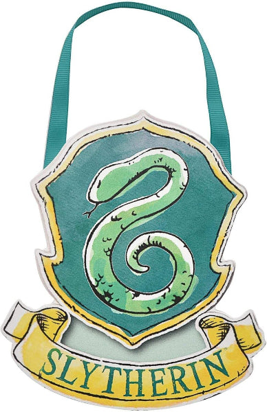 Slytherin crest with green snake and yellow banner on a white background