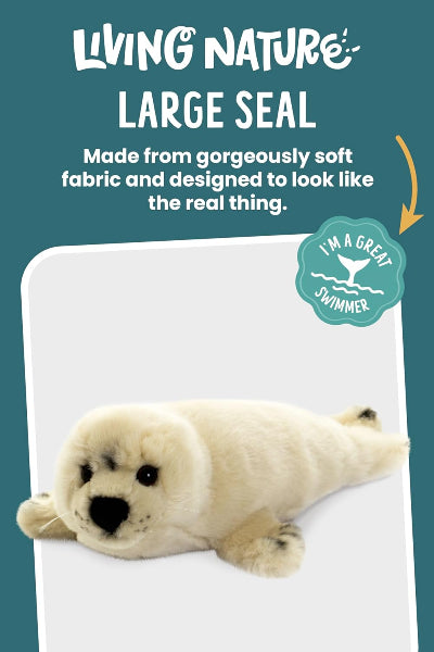 Plush seal toy on a white surface with text describing its soft fabric and design.