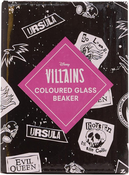 Packaging for a 'Villains Coloured Glass Beaker' with character designs on a black background.