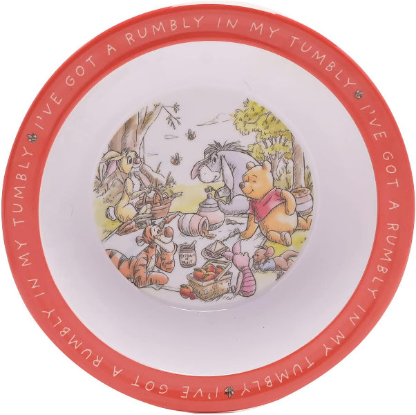 Children's plate with Winnie the Pooh and friends design and text 'I've got a rumble in my tumble'.